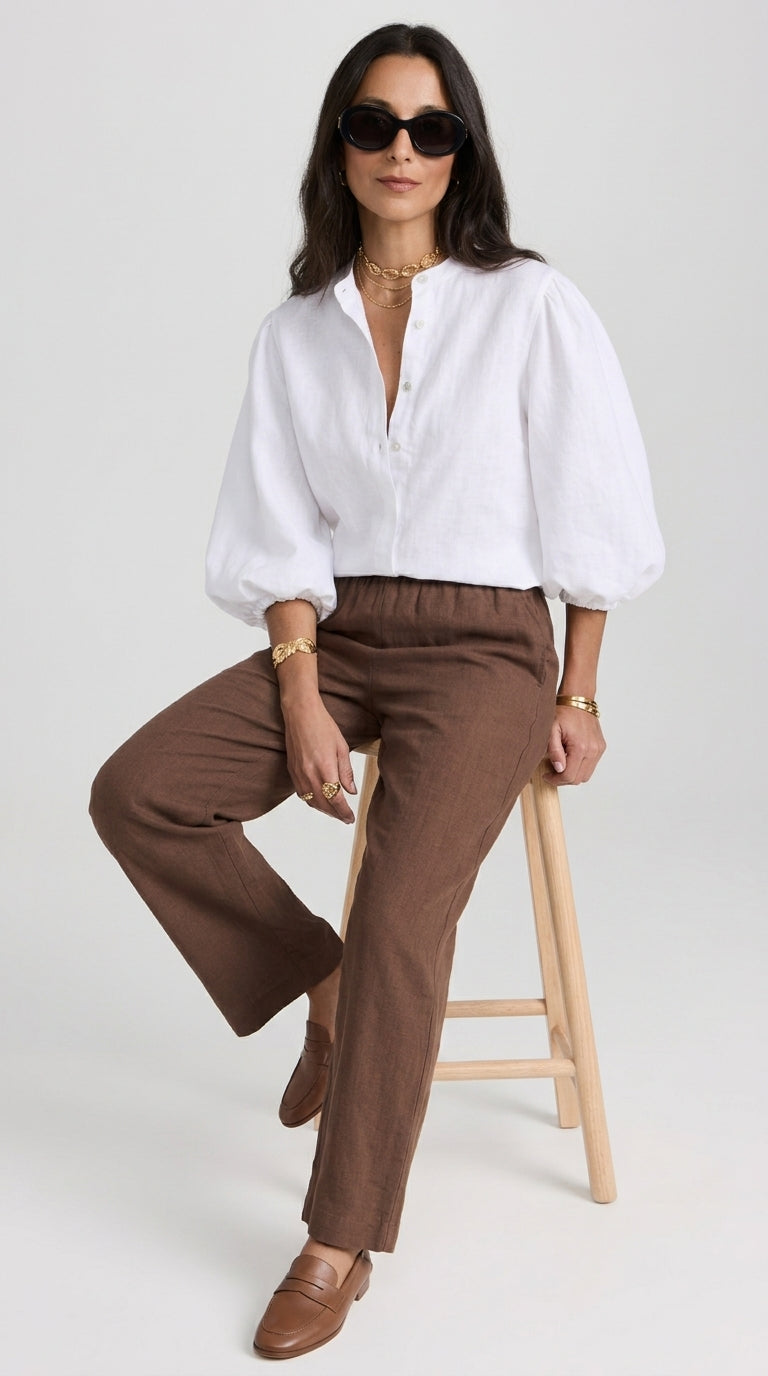 Linen Puff Sleeve Blouse in White - Button-Up Balloon Sleeve Shirt