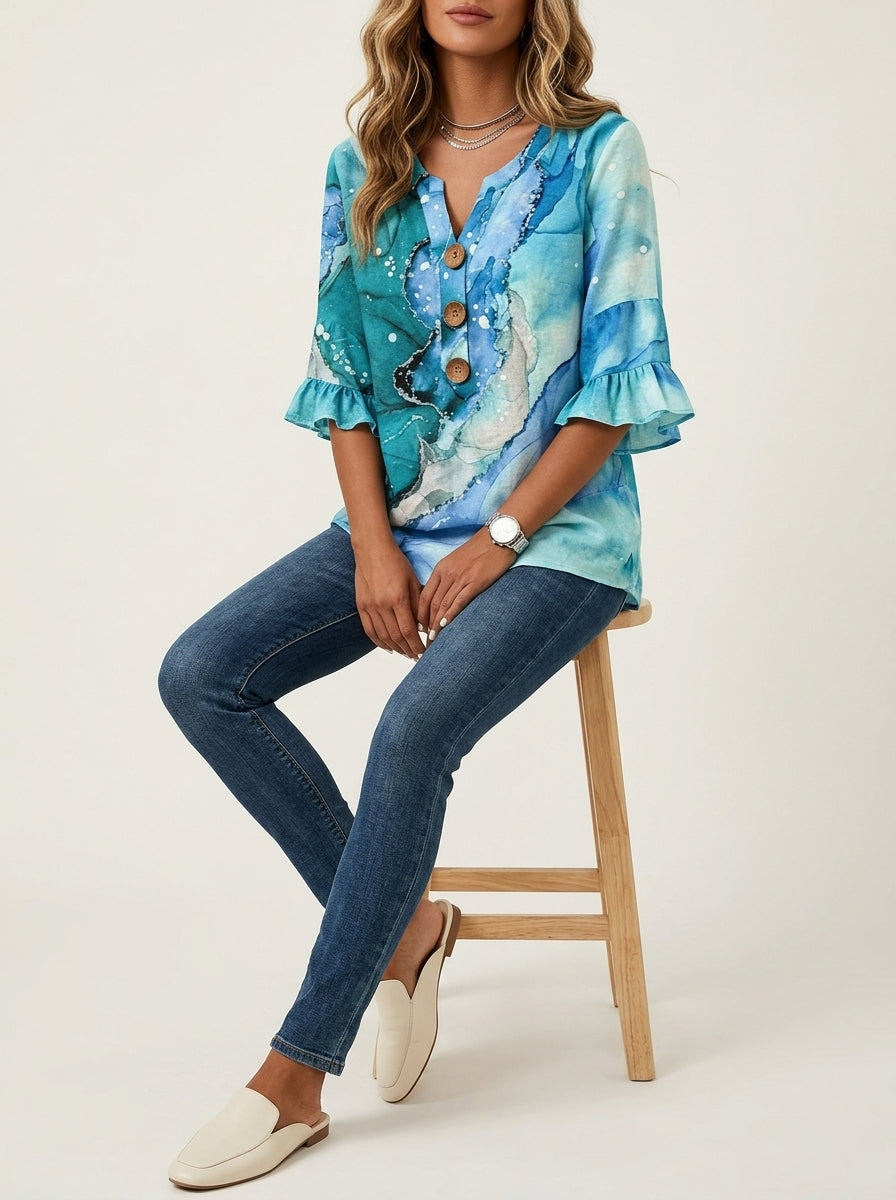 Watercolor Print Bell Sleeve Top - Button Front V-Neck Blouse