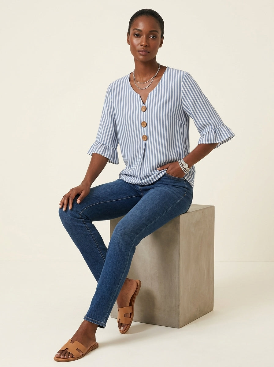 Blue Striped Blouse - Wood Button Ruffle Sleeve V-Neck Casual Top