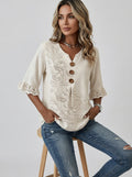 Cream Embroidered Floral Blouse - Wood Button V-Neck Lace Sleeve Top
