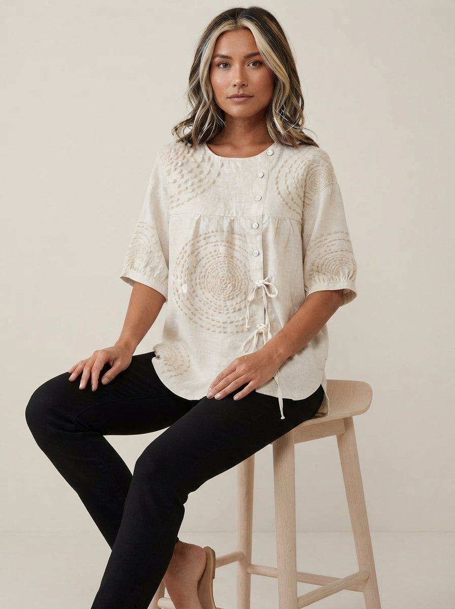 Cream Circle Print Blouse - Button Front Drawstring Hem Top