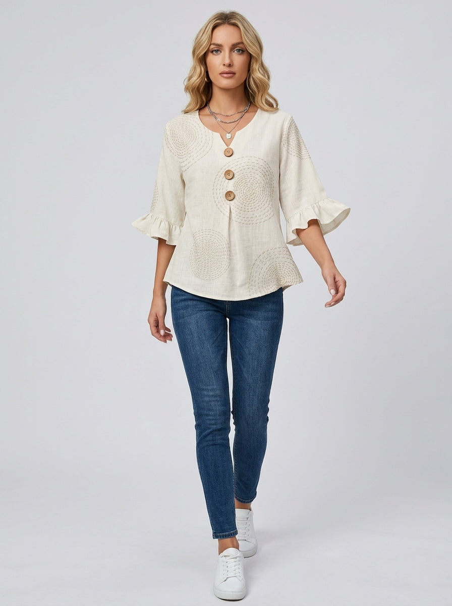 White Circle Print Wood Button Blouse - Ruffle Sleeve V-Neck Top