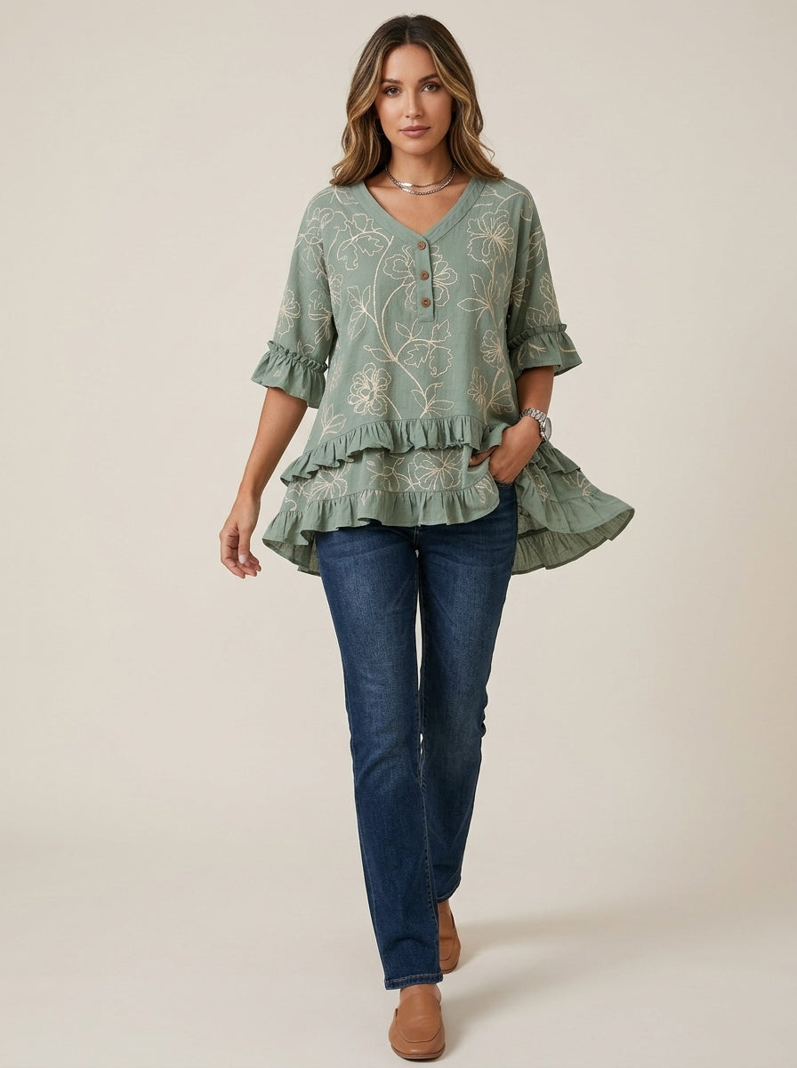 Retro Floral Embroidered V-Neck Ruffle Blouse in Sage Green - Button Placket 3/4 Sleeve Top