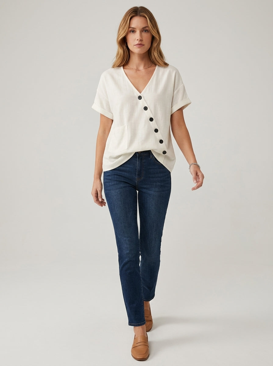 White Asymmetric Button Blouse - V-Neck Patch Pocket Casual Top