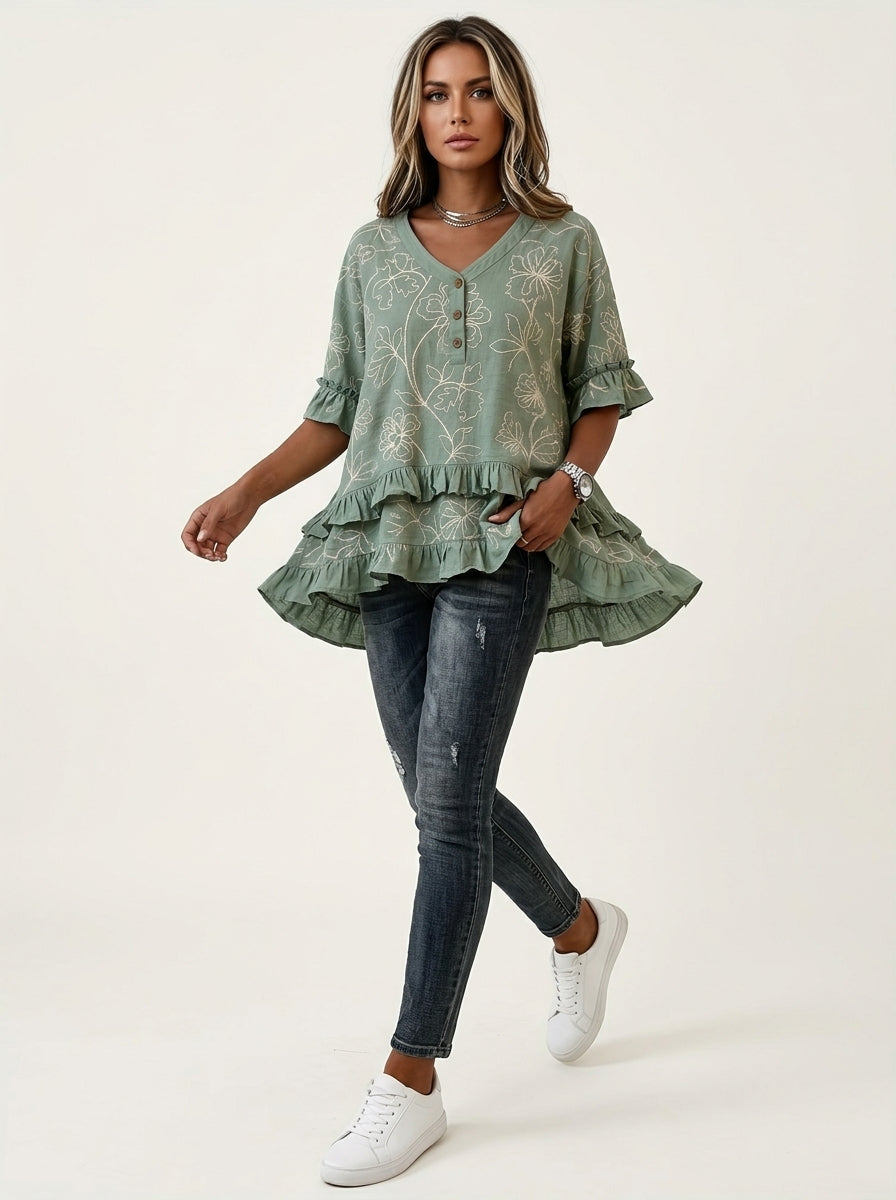 Retro Floral Embroidered V-Neck Ruffle Blouse in Sage Green - Button Placket 3/4 Sleeve Top