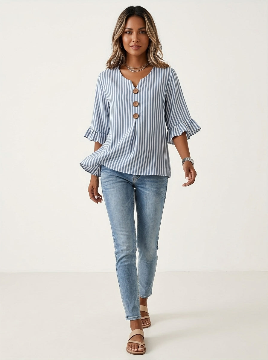 Blue Striped Blouse - Wood Button Ruffle Sleeve V-Neck Casual Top