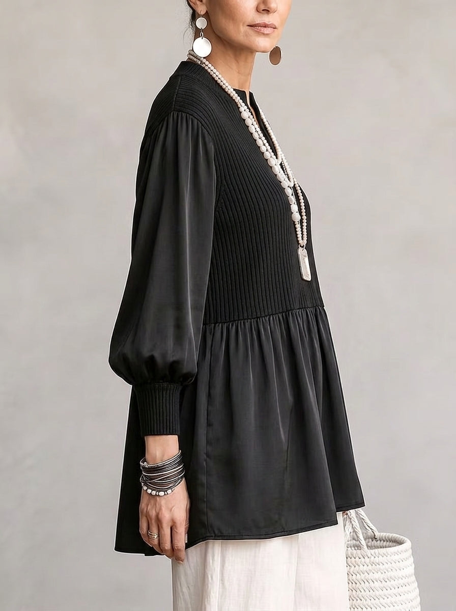 Ribbed Peplum Mixed-Media Tunic - Black Split V-Neck Bishop Sleeve Blouse