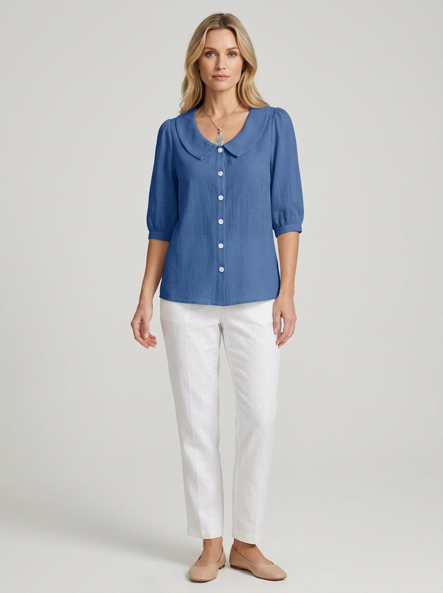 Retro Cotton Peter Pan Collar Button-Up Top in Blue - 3/4 Sleeve Relaxed Fit Blouse