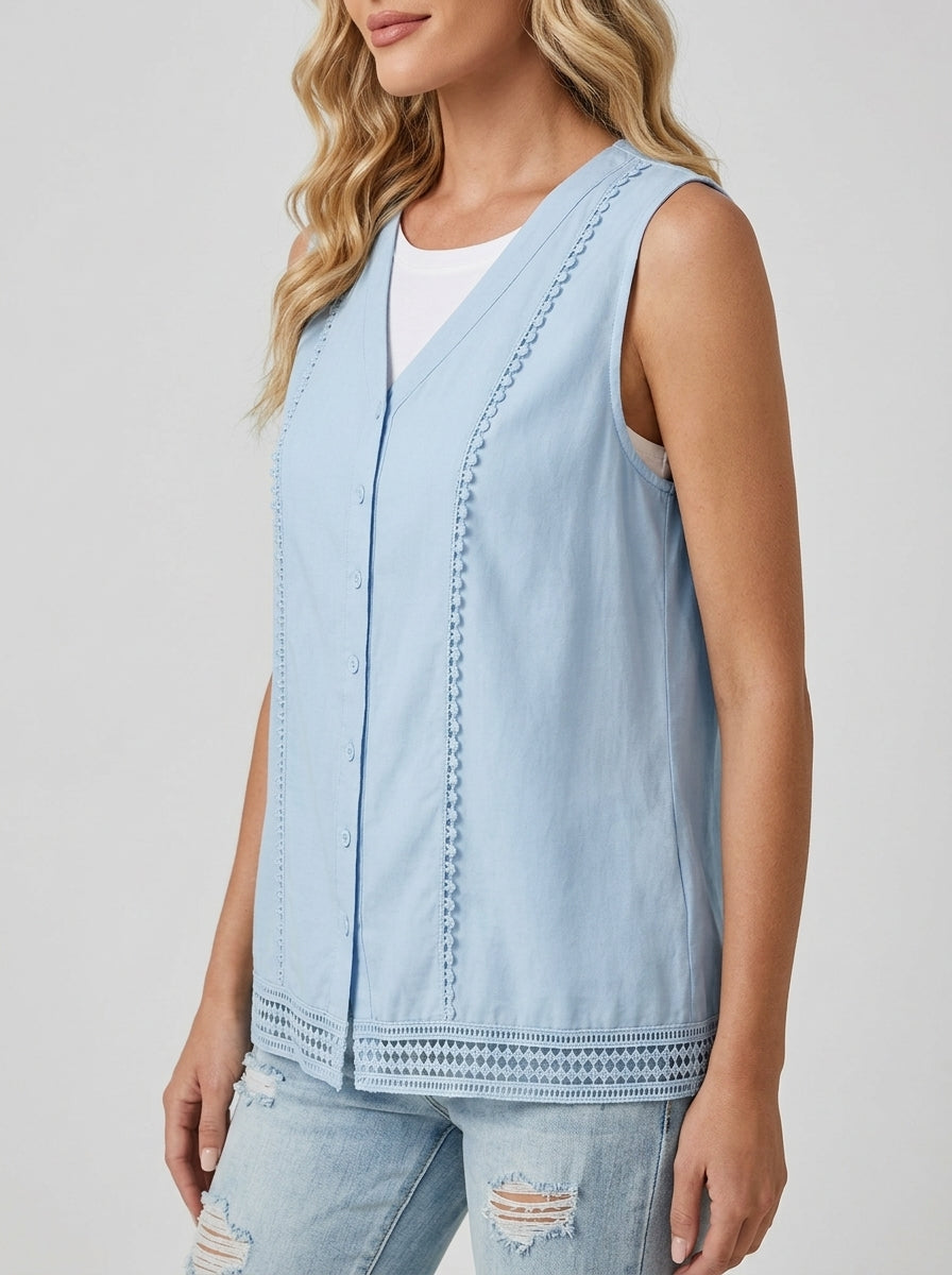 Blue Crochet Trim Button Vest - Sleeveless Linen Cotton Cardigan