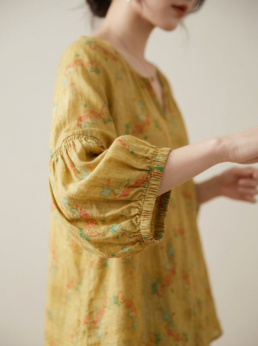 Loose Boho Cotton Blouse - Yellow Floral Print V-Neck Peasant Top