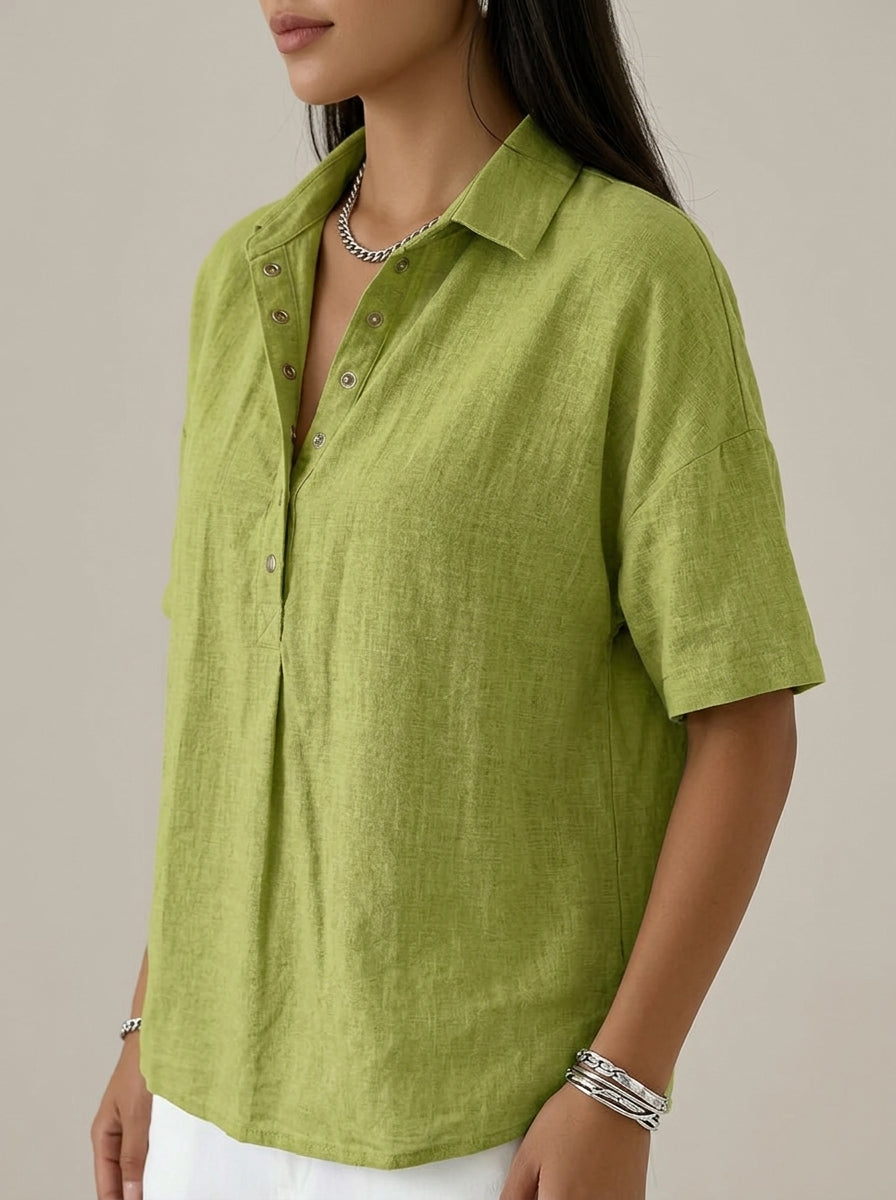 Casual Cotton Linen Snap-Button Polo Top in Chartreuse Green - Short Sleeve Relaxed Fit Polo