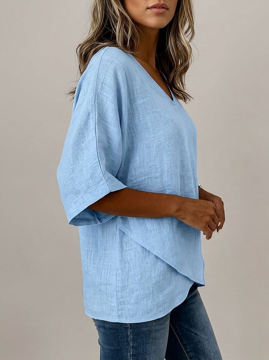 Light Blue V-Neck Blouse - Dolman Sleeve Asymmetric Hem Top