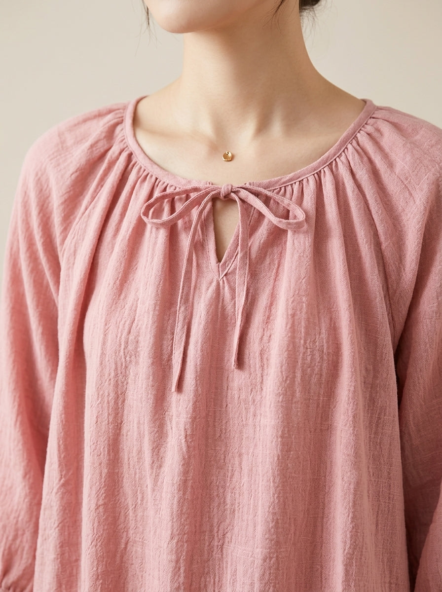 Loose Casual Cotton Blouse - Pink Tie-Neck 3/4 Sleeve Top