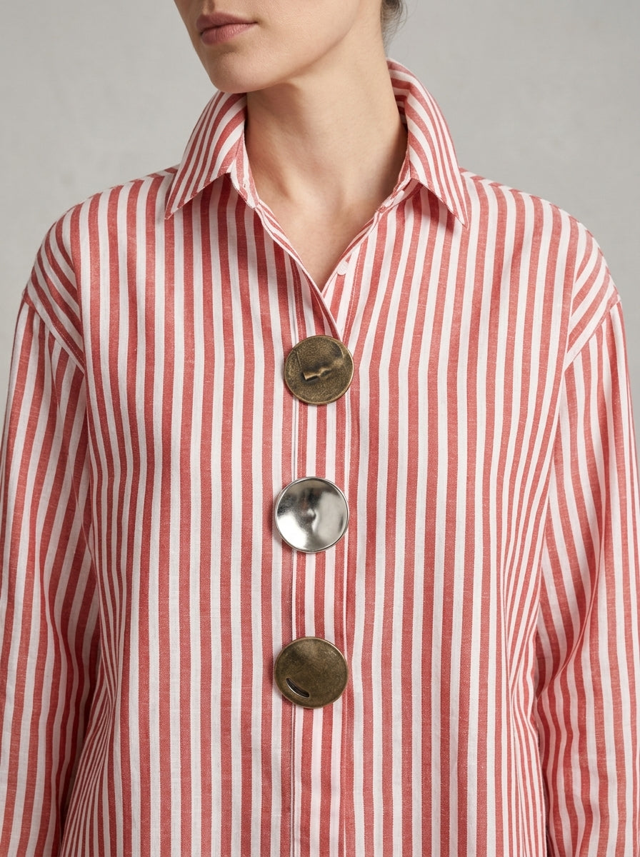 Elegant Cotton Linen Striped Shirt - Red White Metal Button Long Sleeve Top