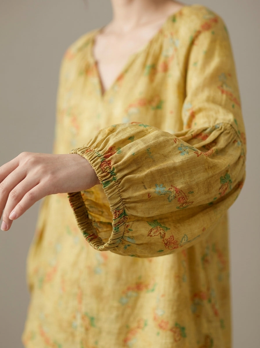 Loose Boho Cotton Blouse - Yellow Floral Print V-Neck Peasant Top
