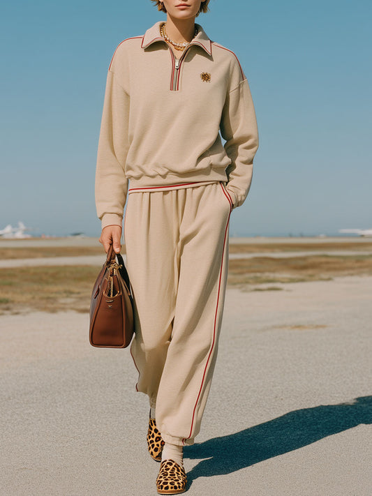 Vintage Long Sleeve Striped Trim Khaki Henley Sweatshirt Pants Set