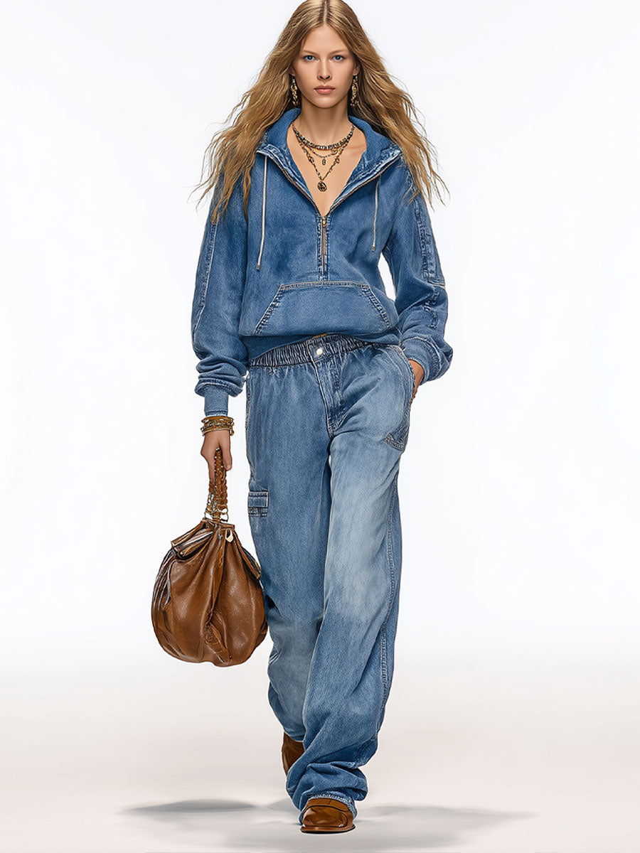 Casual And Fashionable Blue Washed Loose Jeans