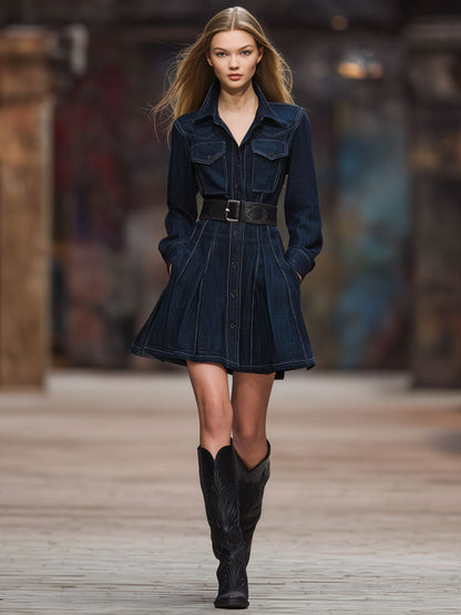 Vintage Dark Blue Washed Denim Lapel Waisted Long-Sleeved Mini Dress