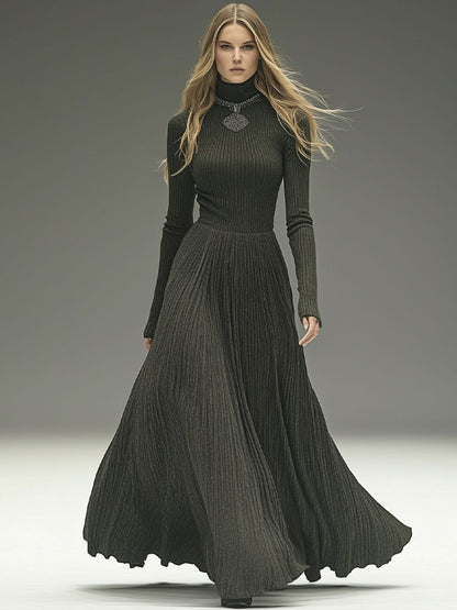 Fashionable And Elegant Gray-Green High-Neck Ribbed Woolen Maxi Dress