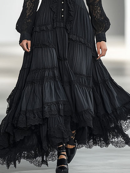 Retro Elegant Black Washed Cotton Splicing Lace Long Sleeve Lapel Maxi Dress