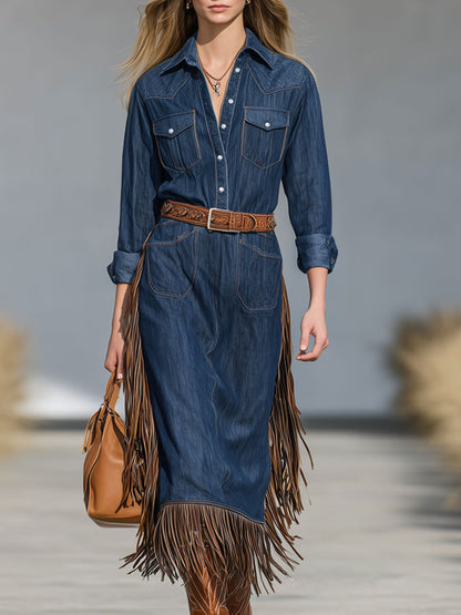 Western Retro Tassel Lace-Up Blue Denim Long-Sleeved Midi Dress