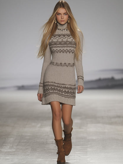 Retro Fashion Light Grey Fair Isle Pattern Turtleneck Ribbed Long Sleeve Mini Dress