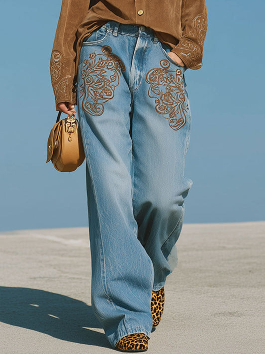 Western Retro Ethnic Embroidery Blue Wide-Leg Jeans