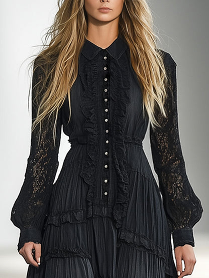 Retro Elegant Black Washed Cotton Splicing Lace Long Sleeve Lapel Maxi Dress