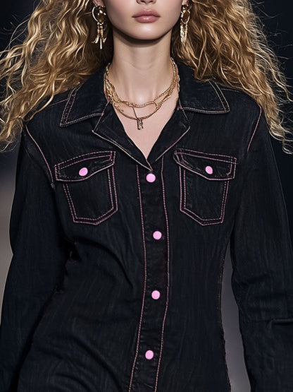 Retro Fashion Black Washed Denim Pink Topstitch Lace Design Lapel Mini Dress