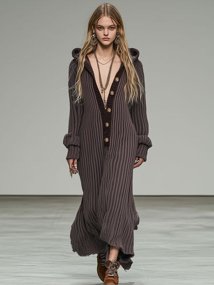 Casual And Fashionable Purple Woolen Striped Loose Maxi Dress