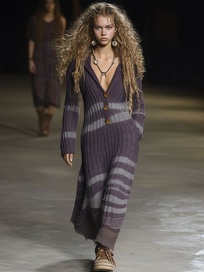 Retro Casual Grape Purple Woolen Ribbed Hooded Maxi Dress