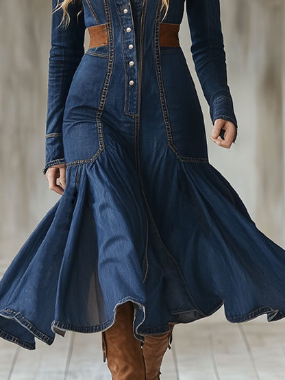 Retro Fashion Dark Blue Washed Denim Fishtail Long Sleeve Midi Dress