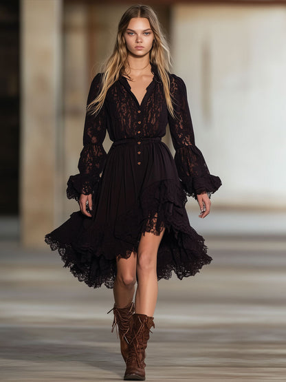 Vintage Cocoa Brown Lace Long Sleeve Elastic Waist Midi Dress