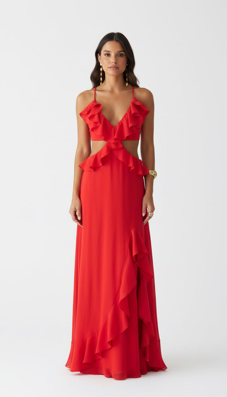 Tanger Ruffle Cut-Out Dress – Red