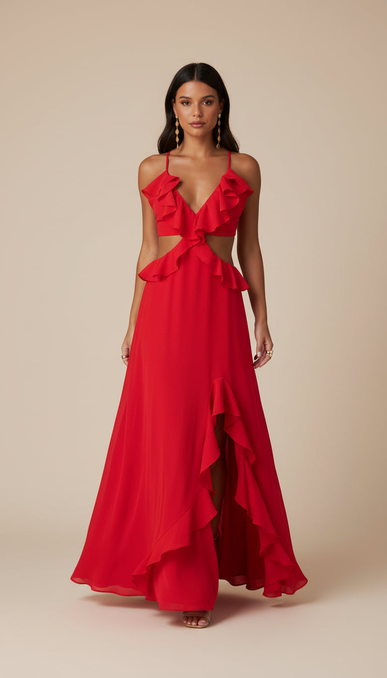Tanger Ruffle Cut-Out Dress – Red