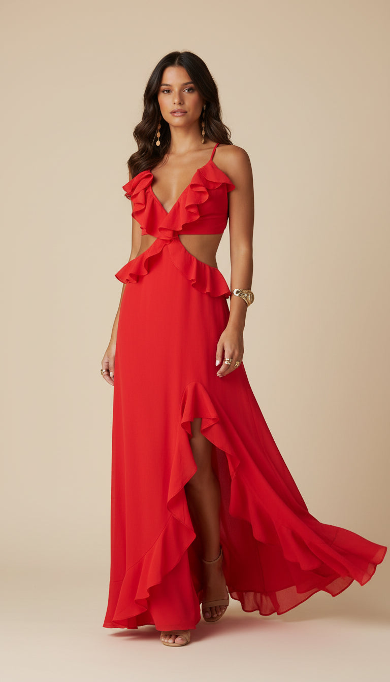 Tanger Ruffle Cut-Out Dress – Red