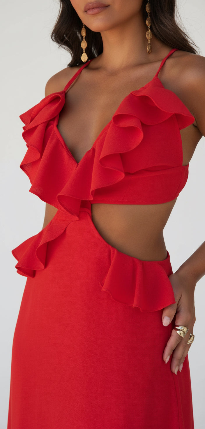 Tanger Ruffle Cut-Out Dress – Red