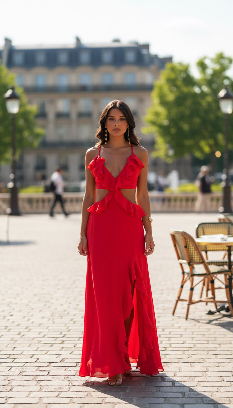 Tanger Ruffle Cut-Out Dress – Red