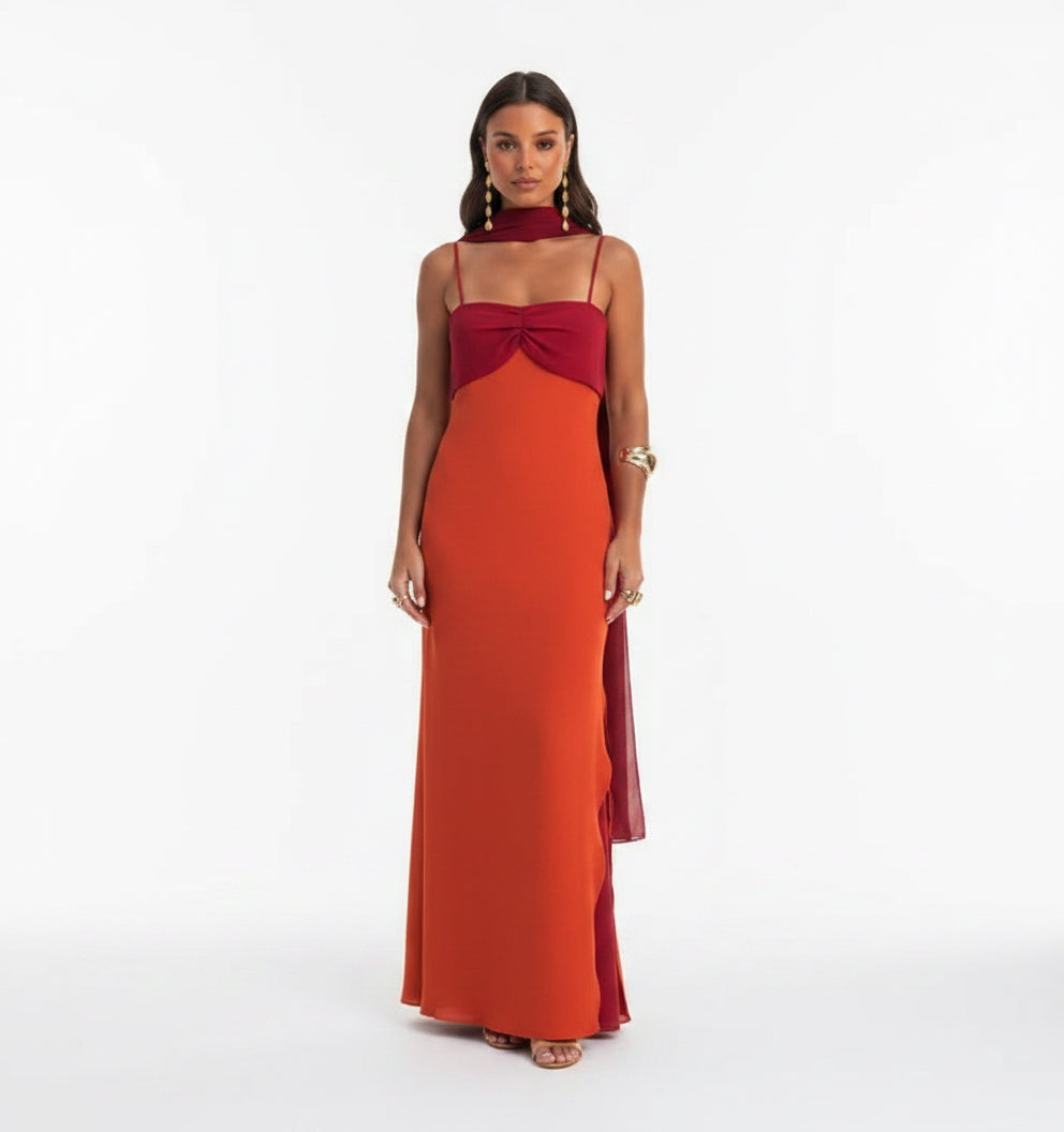 Two-Tone Orange and Red Scarf Neck Maxi Dress