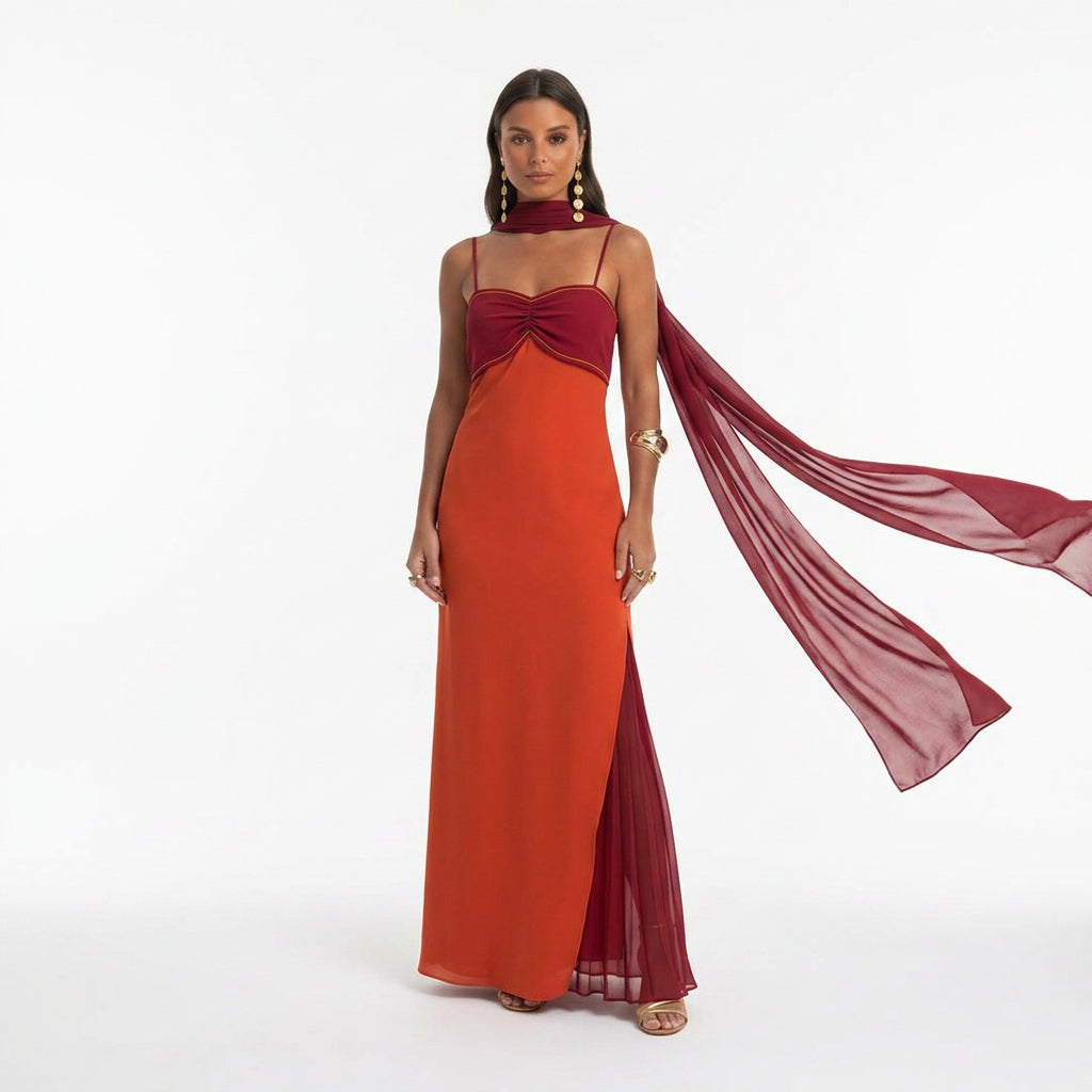Two-Tone Orange and Red Scarf Neck Maxi Dress