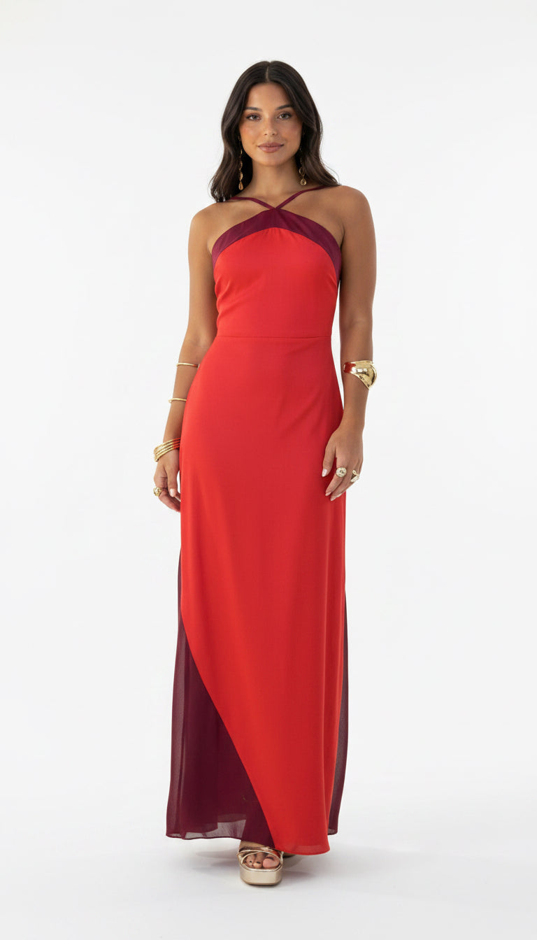 Red Maxi Dress with Burgundy Cross-Halter Neckline
