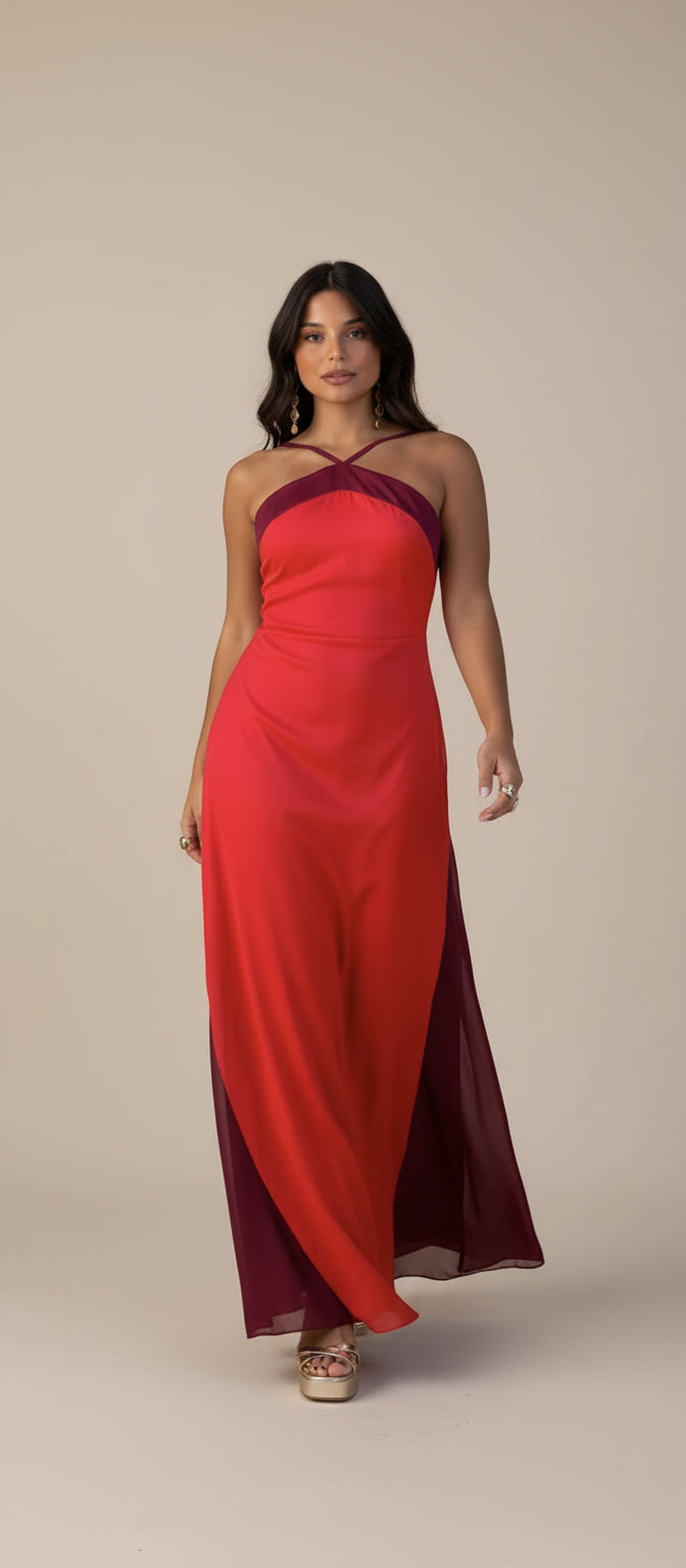 Red Maxi Dress with Burgundy Cross-Halter Neckline