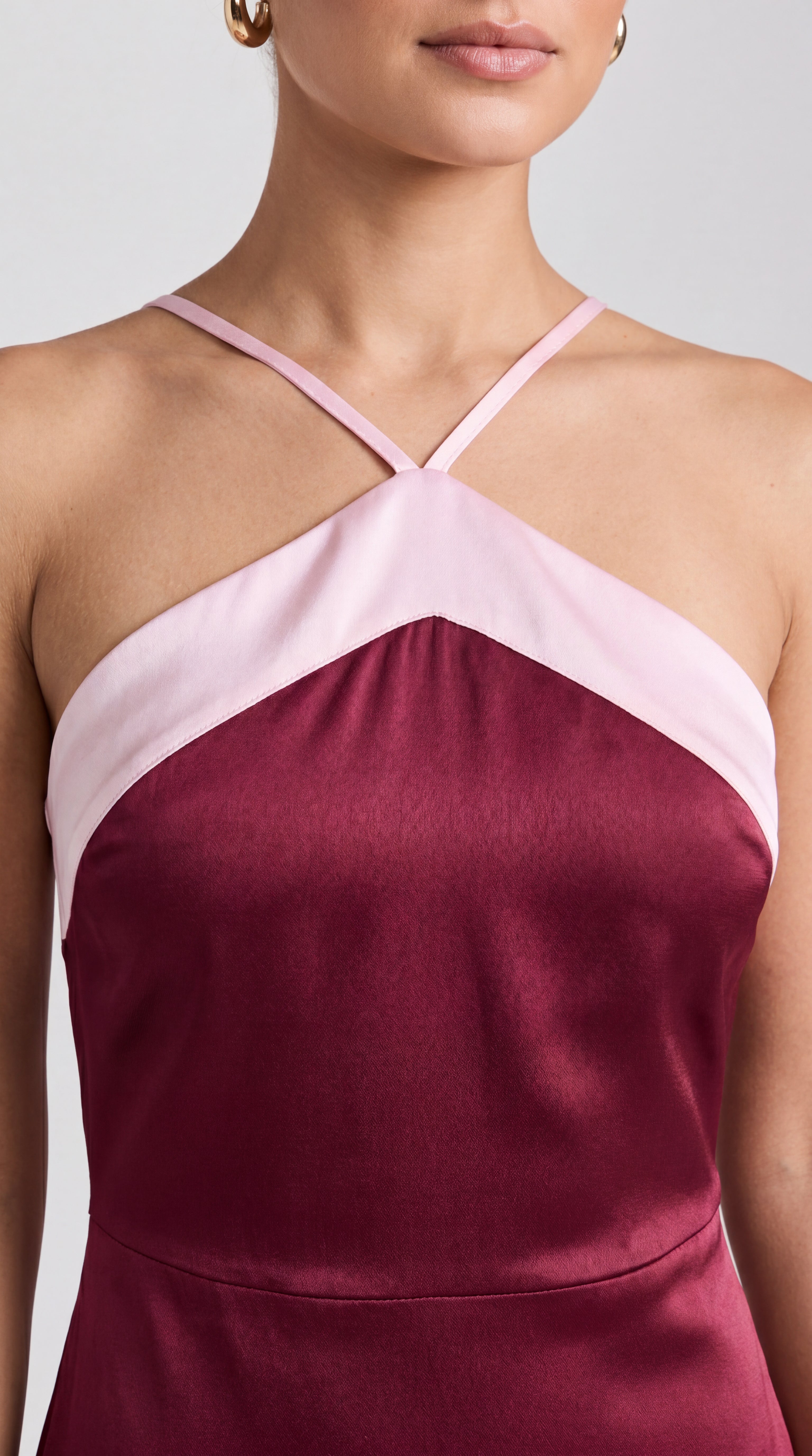 Burgundy and Pale Pink Cross-Halter Maxi Dress