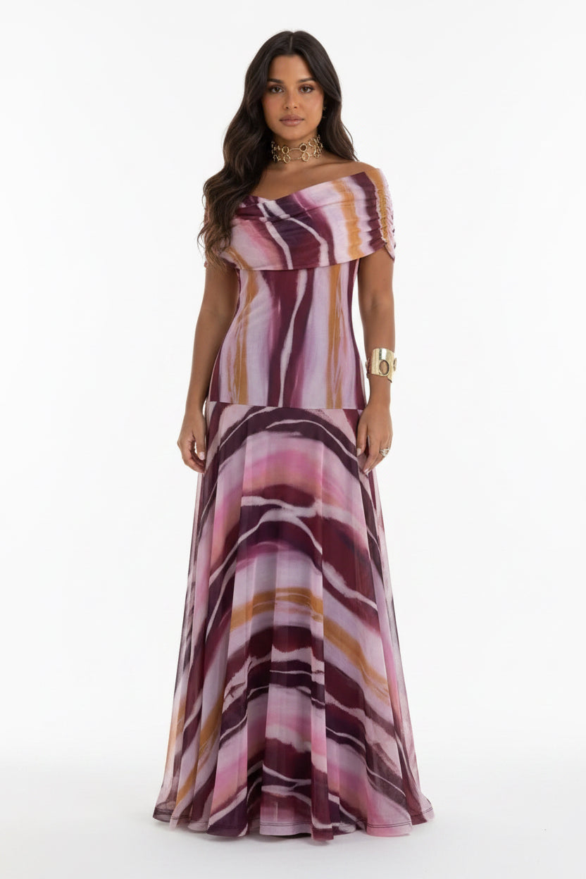 Purple Abstract Print Off-Shoulder Tulle Maxi Dress