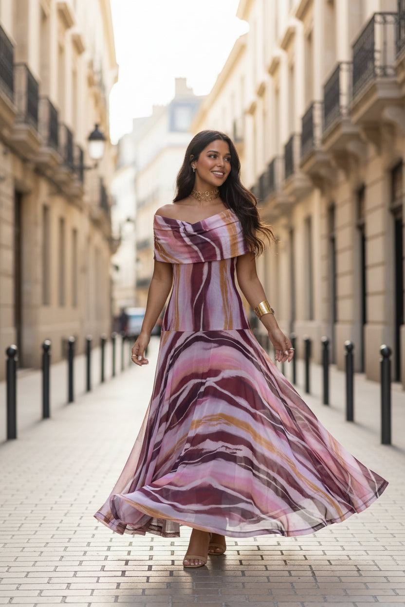 Purple Abstract Print Off-Shoulder Tulle Maxi Dress