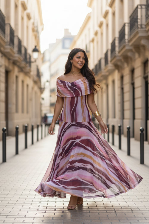 Purple Abstract Print Off-Shoulder Tulle Maxi Dress