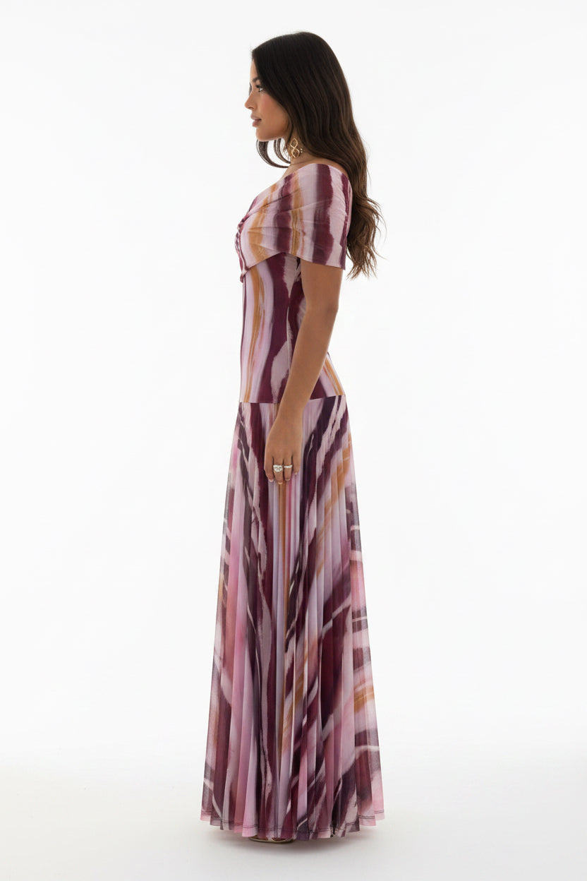 Purple Abstract Print Off-Shoulder Tulle Maxi Dress