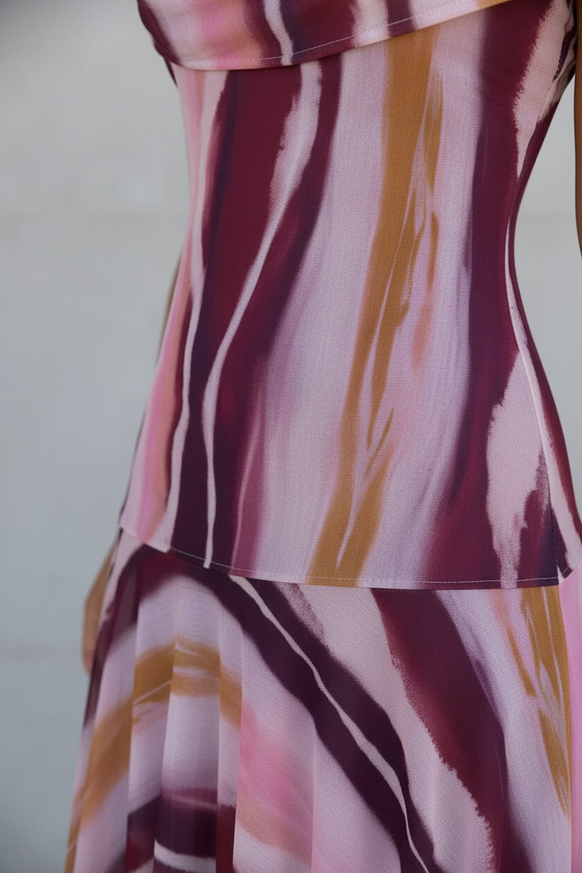 Purple Abstract Print Off-Shoulder Tulle Maxi Dress