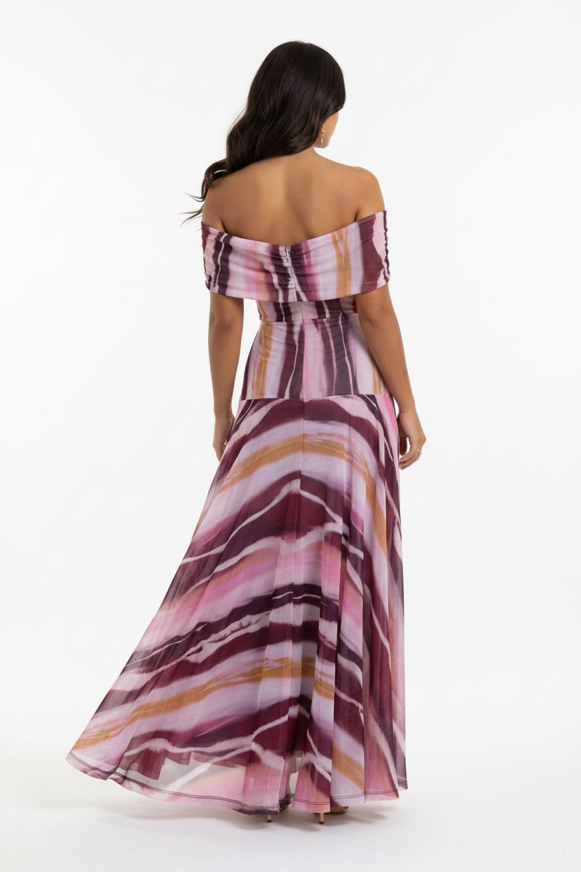 Purple Abstract Print Off-Shoulder Tulle Maxi Dress