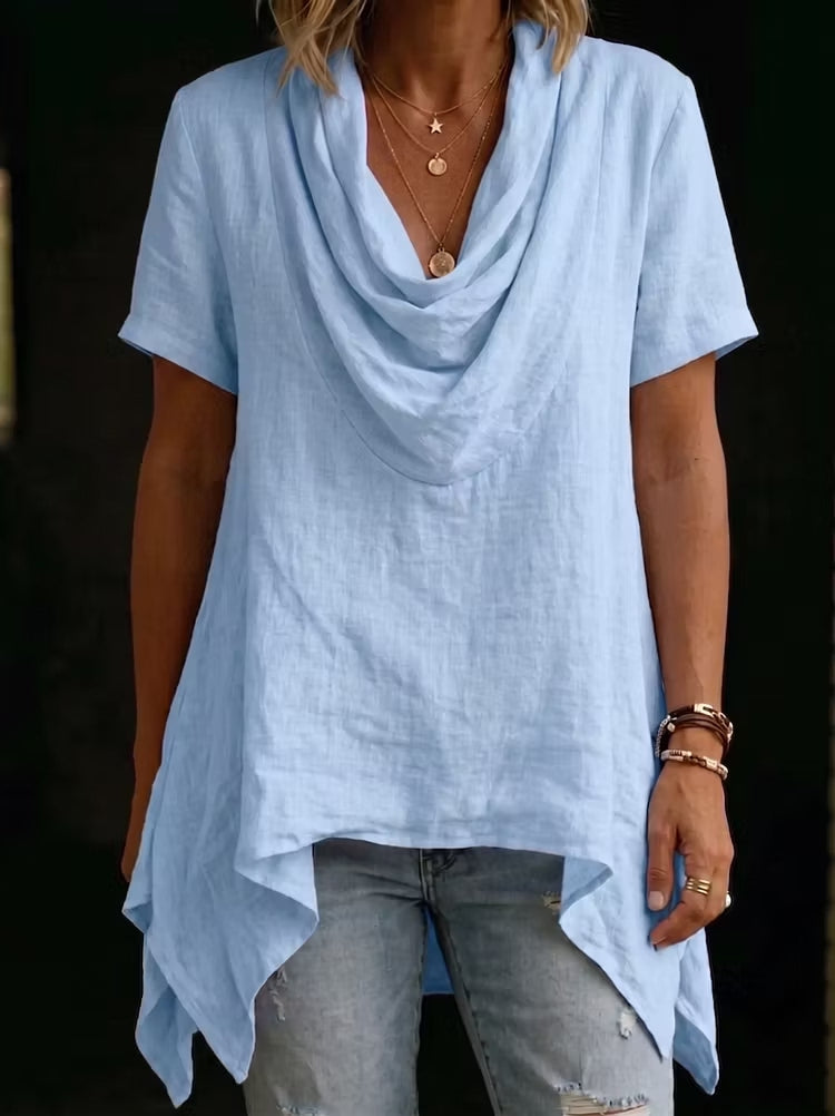 Cowl Neck Asymmetric Hem Top - Short Sleeve Handkerchief Blouse